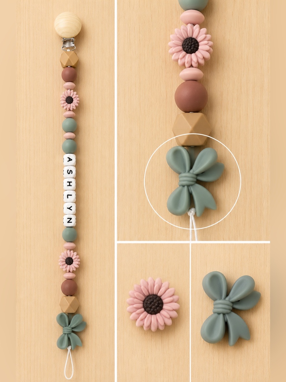 Personalized Boho Pink & Sage Bow Pacifier Clip for Kids
